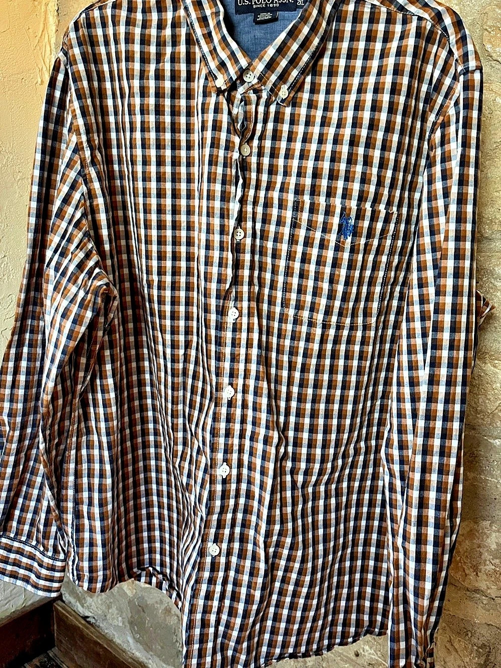 U.S. Polo Assn. Men's Checkered Button Down Brown & Blue 2XL Like New